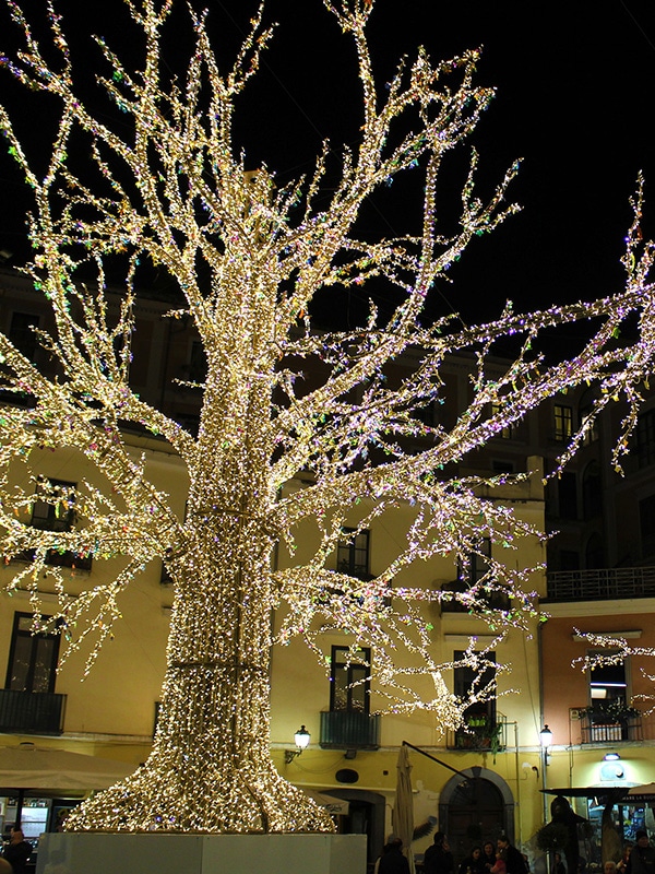 Salerno Luci d'Artista 2019-2020, dettaglio dell'albero luminoso in Piazza Flavio Gioia